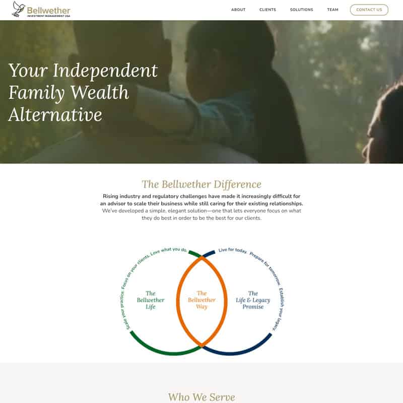 Screenshot of Bellwether Family Wealth website homepage, featuring a banner with a blurred image of two people talking and a diagram showing the company's core values.